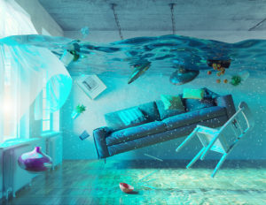 an underwater view in the flooding interior. 3d concept