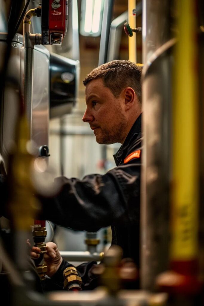 a focused technician expertly inspects a commercial water heater in a bustling atlanta service facility, surrounded by tools and equipment, showcasing the urgency and professionalism of emergency repair work.