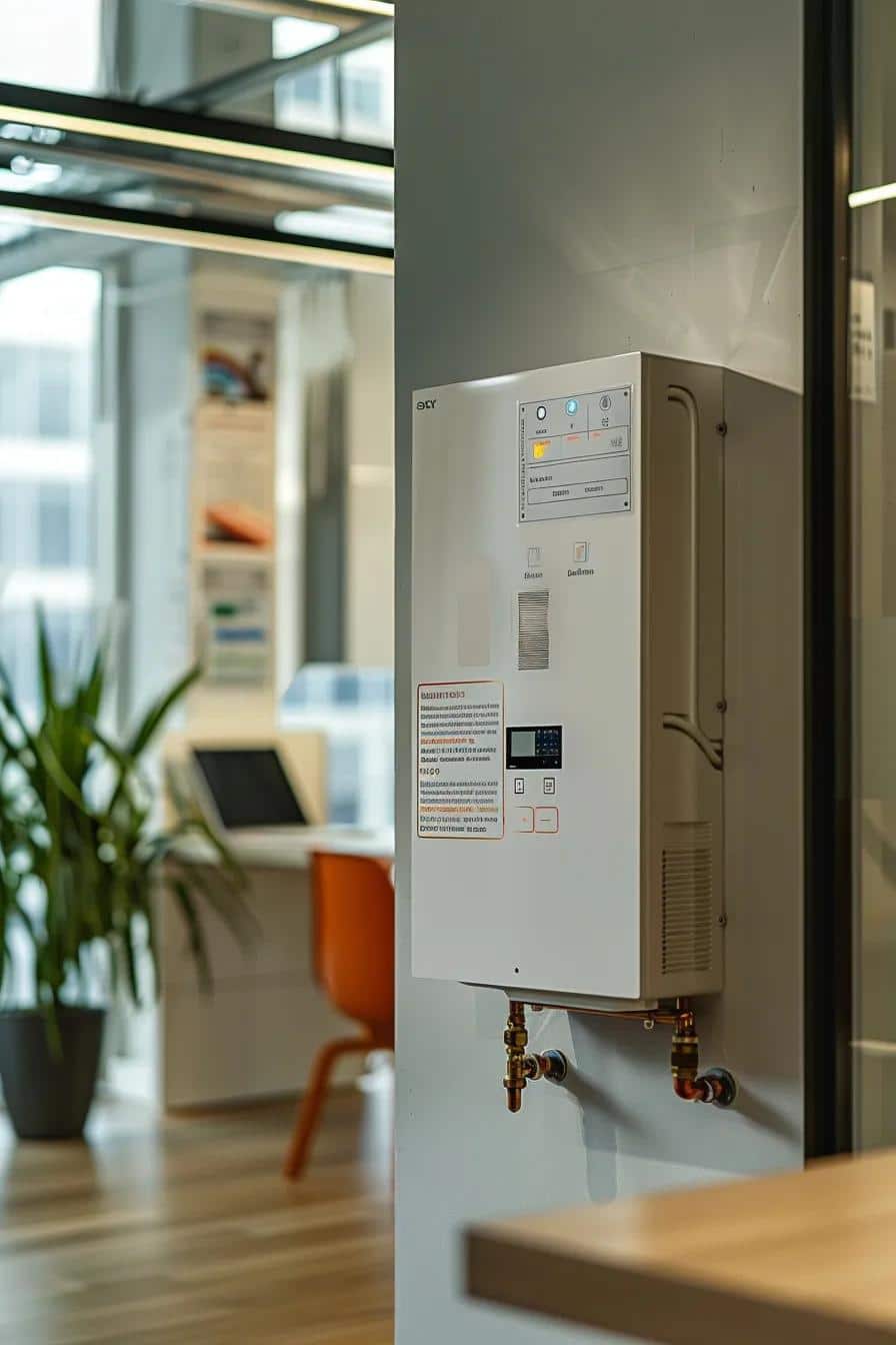 a modern office scene featuring a sleek tankless water heater displayed