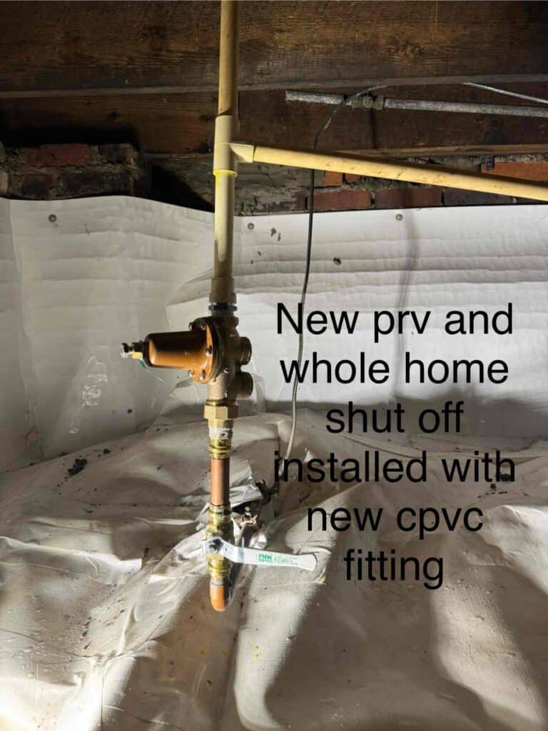 New pressure-reducing valve and main shutoff valve installed with upgraded CPVC fittings for long-term reliability.