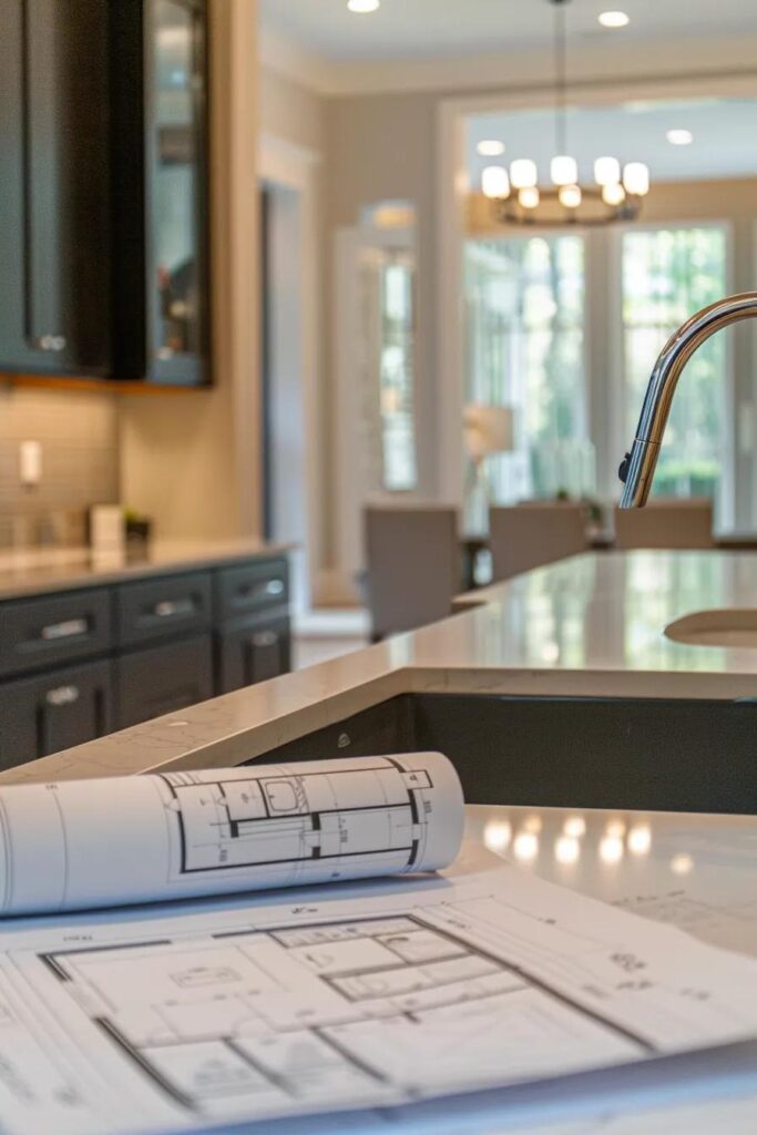a modern bathroom remodeling project is underway in a stylish atlanta home, featuring sleek finishes and materials resistant to humidity, with blueprints and building codes prominently displayed on a sleek countertop under bright, focused lighting.