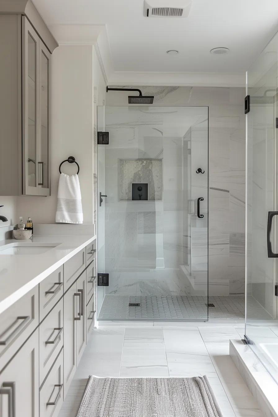 a sleek, modern atlanta bathroom showcases minimalist design elements with clean lines, a neutral color palette accented by bold fixtures, and a bright, airy atmosphere that emphasizes both aesthetics and functionality.