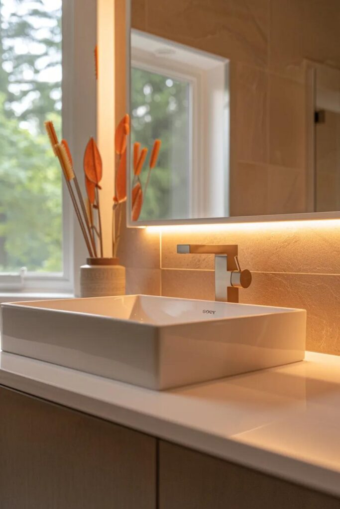 a sleek, modern bathroom showcases trending 2024 fixtures, featuring an elegant vanity with built-in storage, a contemporary sink, and a stylish faucet, all highlighted by warm, ambient lighting that emphasizes their innovative design.