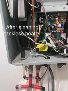 Fix & Flow Atlanta plumber inspects tankless water heater internal components after professional cleaning