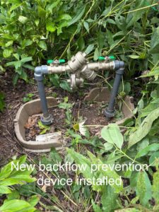Newly installed backflow prevention device in a garden setting, surrounded by greenery, ensuring safe irrigation system functionality.