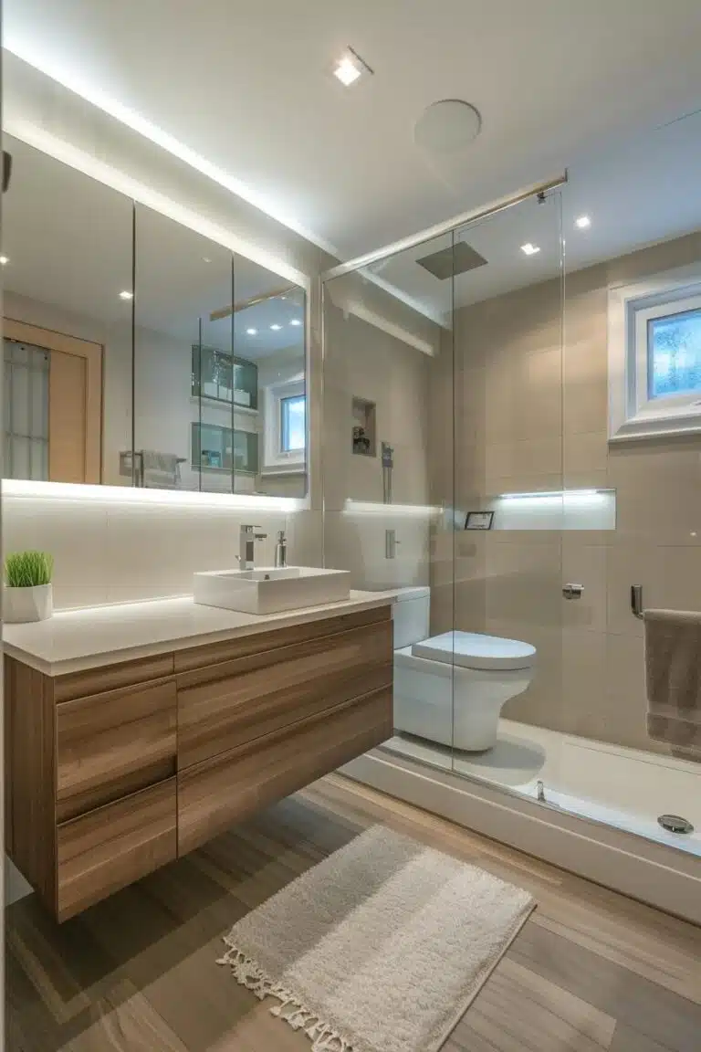 Modern compact Atlanta bathroom with wall-mounted fixtures, a floating vanity, and clear glass partitions to visually expand the room, lit by bright, efficient lighting.