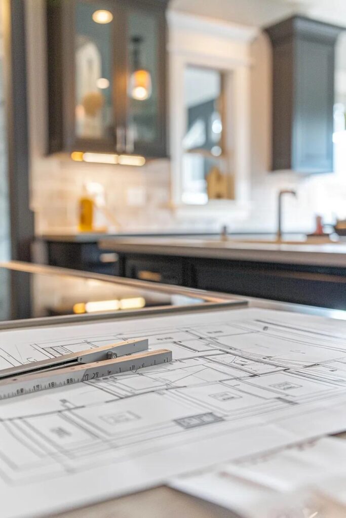 a modern, stylish bathroom in the midst of a remodeling project showcases high-quality materials and tools, with detailed blueprints and design sketches spread across a sleek countertop, illuminated by bright artificial lighting to highlight the craftsmanship and complexity of the renovation.