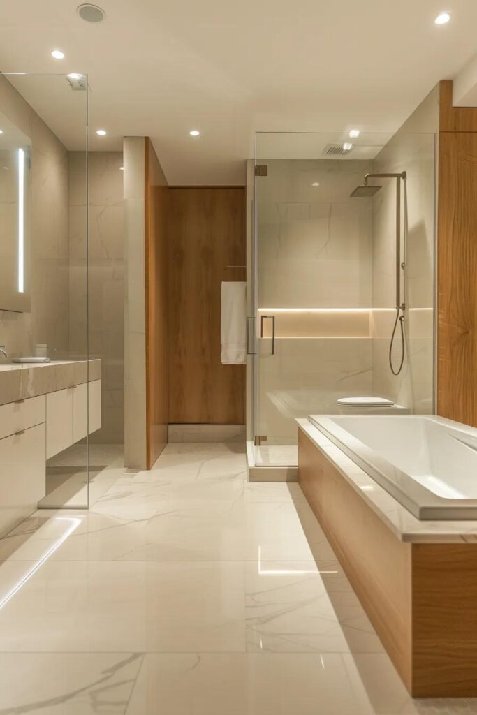 a sleek modern bathroom in atlanta showcases a minimalist design with elegant fixtures and a stylish color palette, emphasizing the balance between luxury and budget-friendly elements.