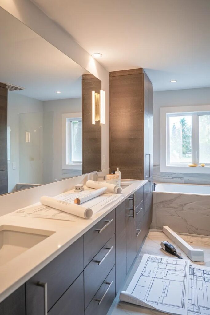 Small bathroom mid-remodel with new fixtures, organized tools, and design samples laid out, illustrating thoughtful preparation.