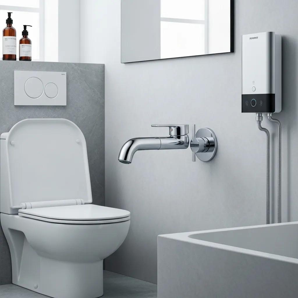 Close-up showing low-flow toilet and a compact tankless water heater in a modern bathroom