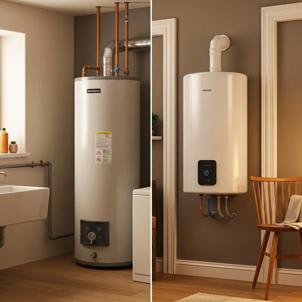 Traditional water heater tank beside a sleek tankless unit in a home