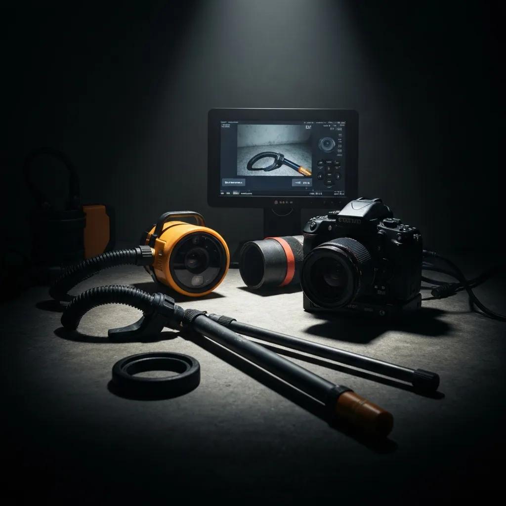 Inspection camera, push rod, and monitor used for professional sewer camera services