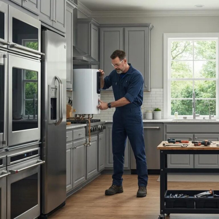Plumber installing a modern tankless water heater in an Atlanta home