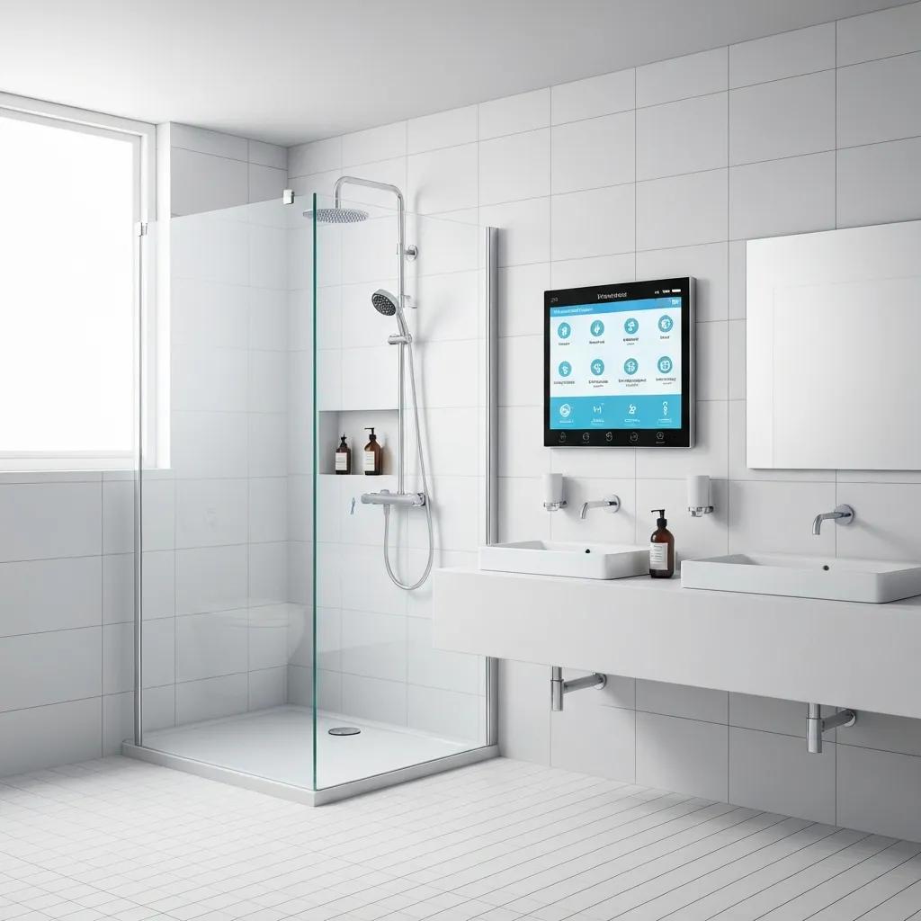Bathroom with smart water sensors and a digital usage readout for monitoring consumption