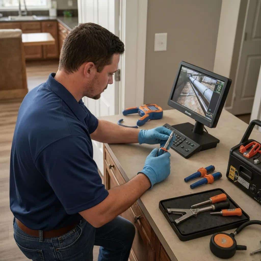 Technician performing a sewer camera inspection in an Atlanta home, showcasing the inspection equipment and monitor