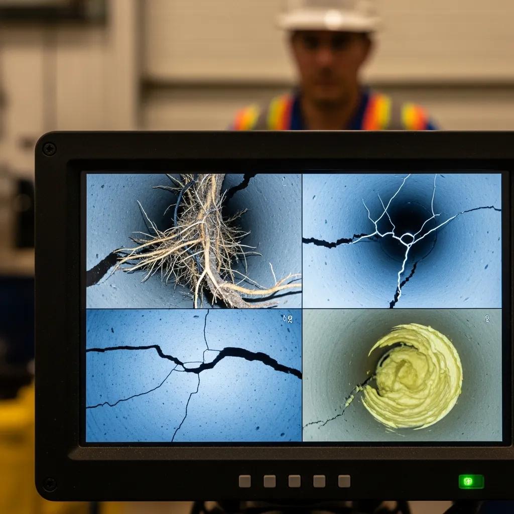 Close-up CCTV sewer camera image showing common sewer line issues