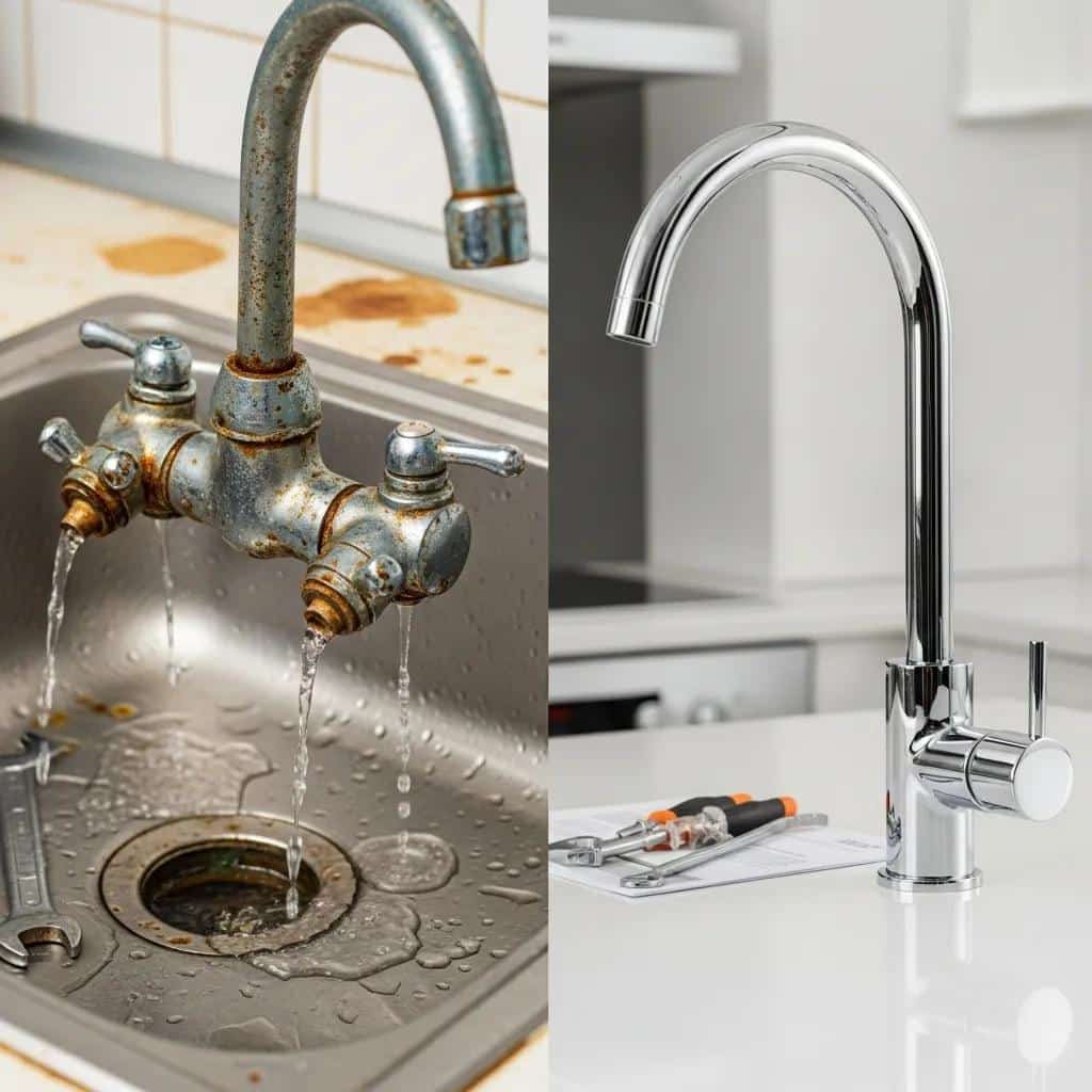 Comparison of a damaged faucet needing repair and a new faucet ready for installation