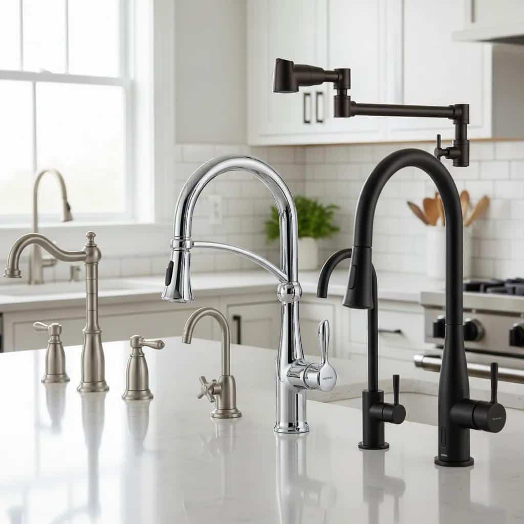 Different types of kitchen faucets showcasing installation complexity and design