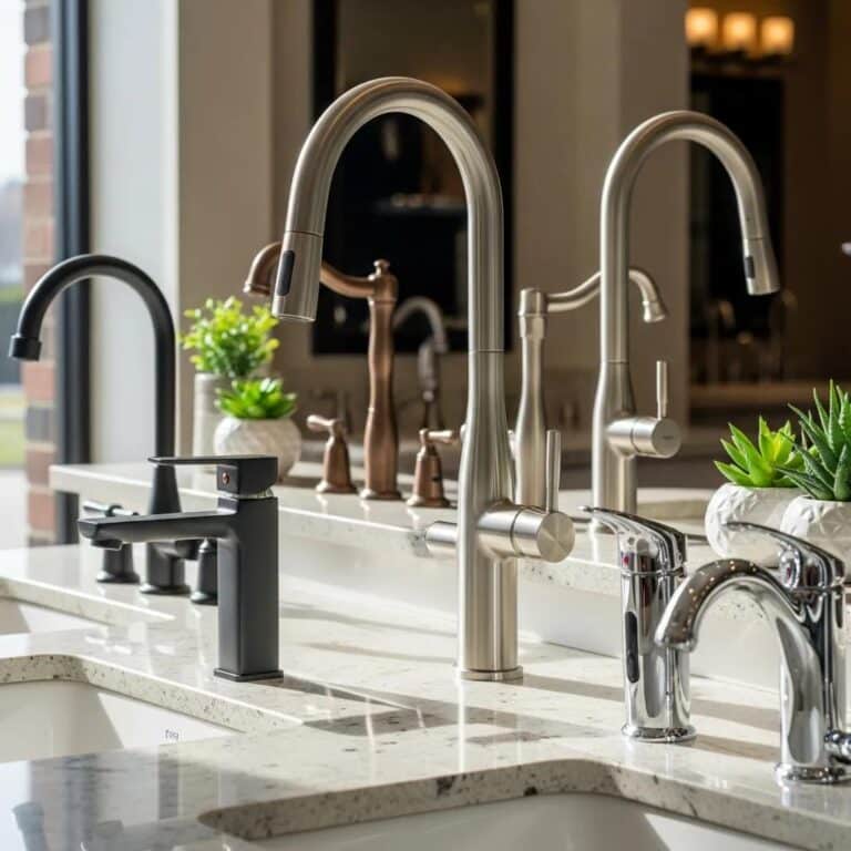 Diverse kitchen and bathroom faucets on display, highlighting various styles and finishes for selection