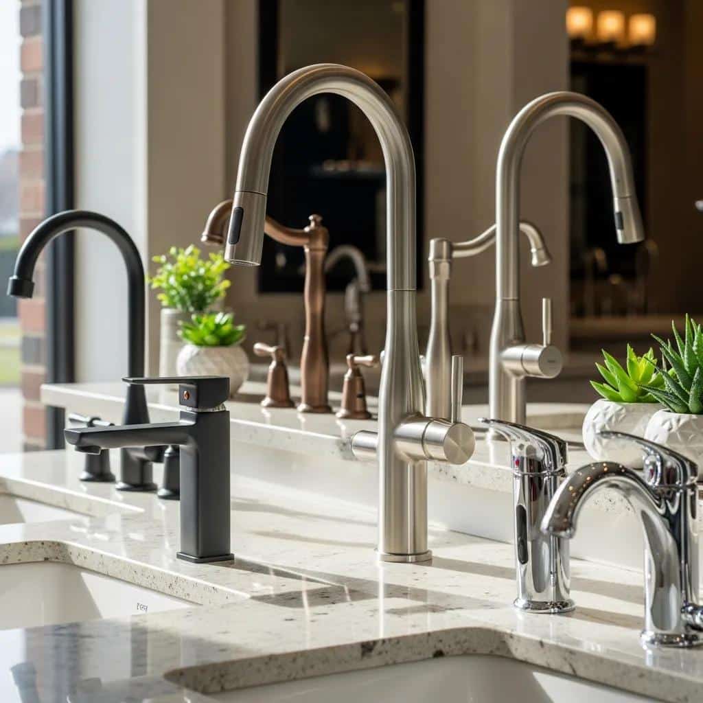 Diverse kitchen and bathroom faucets on display, highlighting various styles and finishes for selection