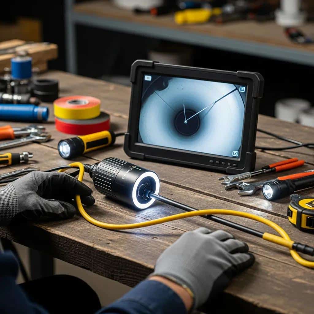 Key plumbing camera inspection equipment: camera head, push rod, and field monitor
