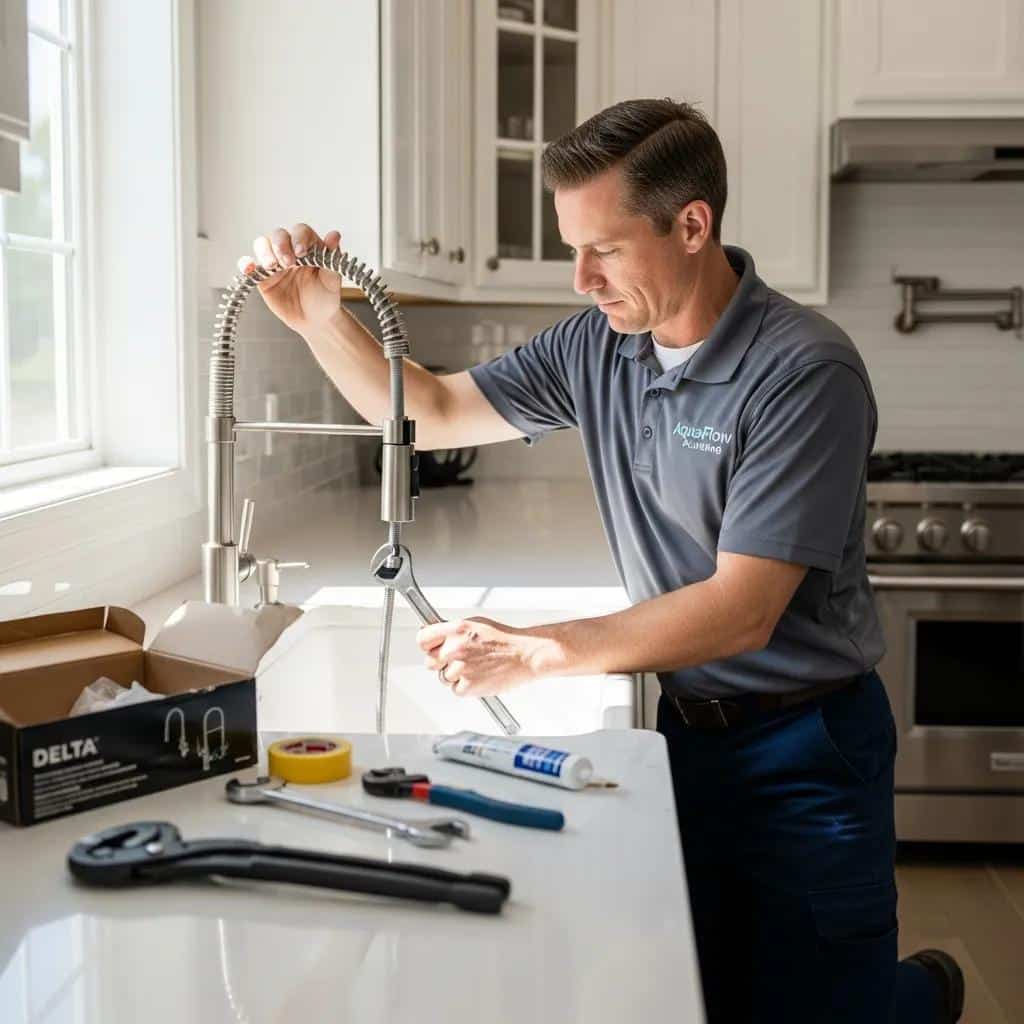 Professional plumber installing a modern kitchen faucet in a bright Atlanta kitchen