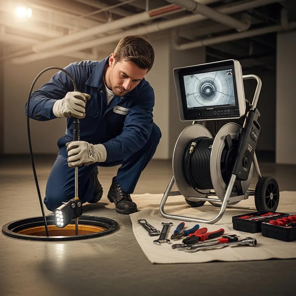 Technician conducting a sewer scope inspection with a CCTV camera in Atlanta