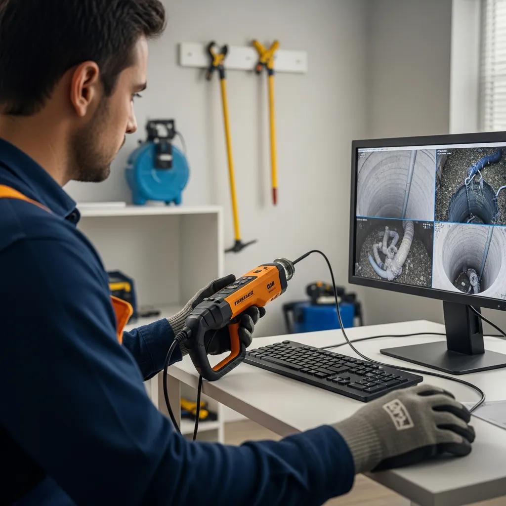 Technician performing pipe camera inspection in a residential setting with advanced technology
