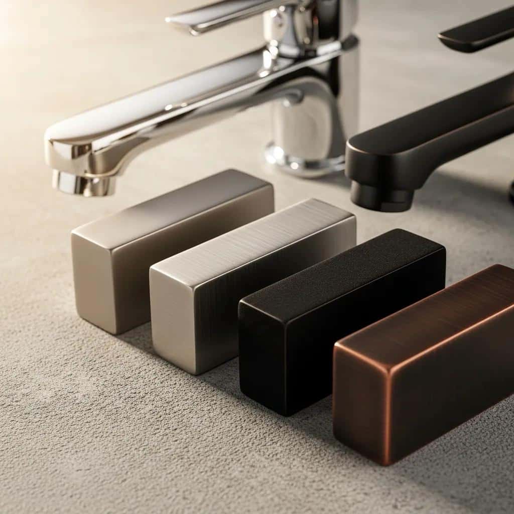 Variety of faucet finishes displayed artistically, highlighting durability and style options for homeowners