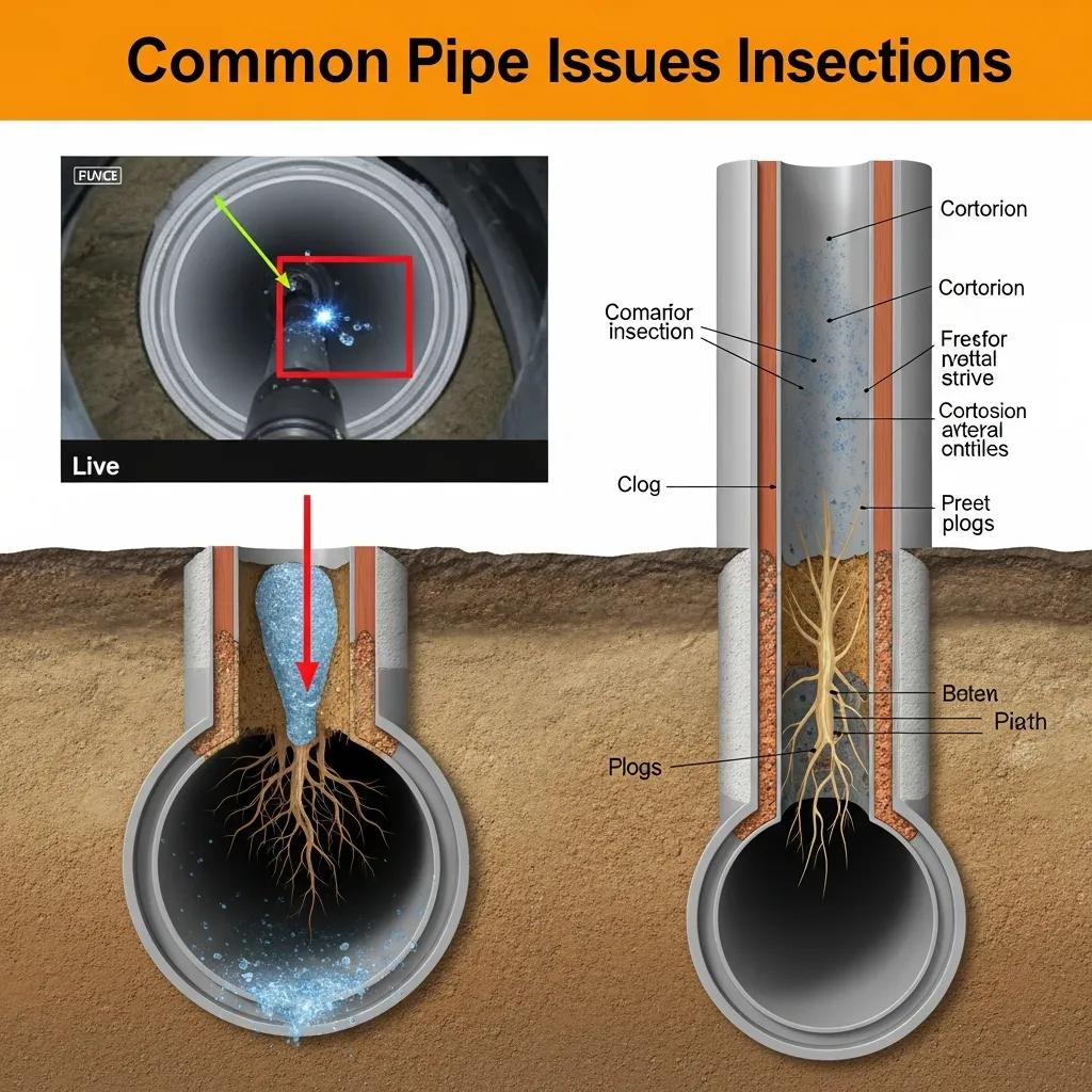 Diagram showing pipe problems often detected by camera inspection: clogs, roots, corrosion