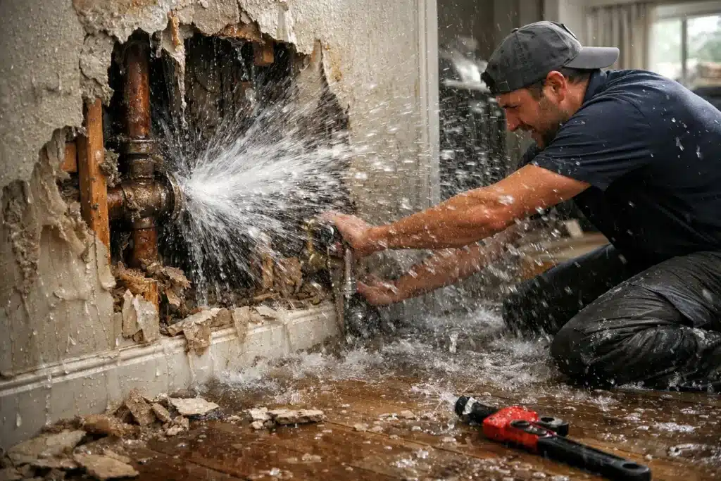 Water spraying violently from a burst pipe inside a wall while a man tries to reach the shut-off valve.