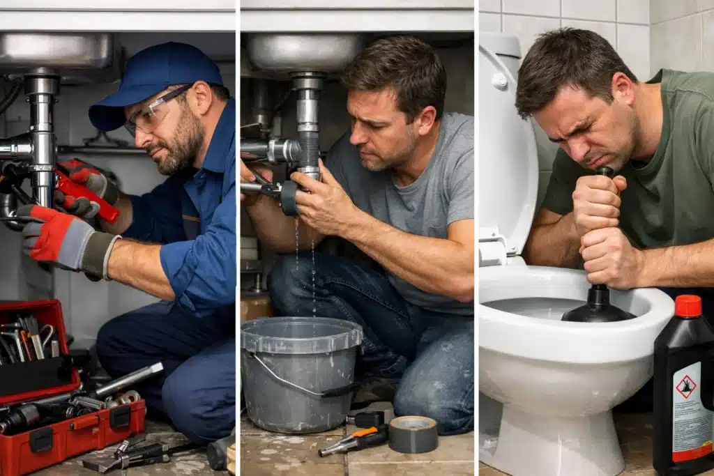 A three-panel comparison showing a professional plumber, an unlicensed worker struggling with a leak, and a frustrated homeowner plunging a toilet.