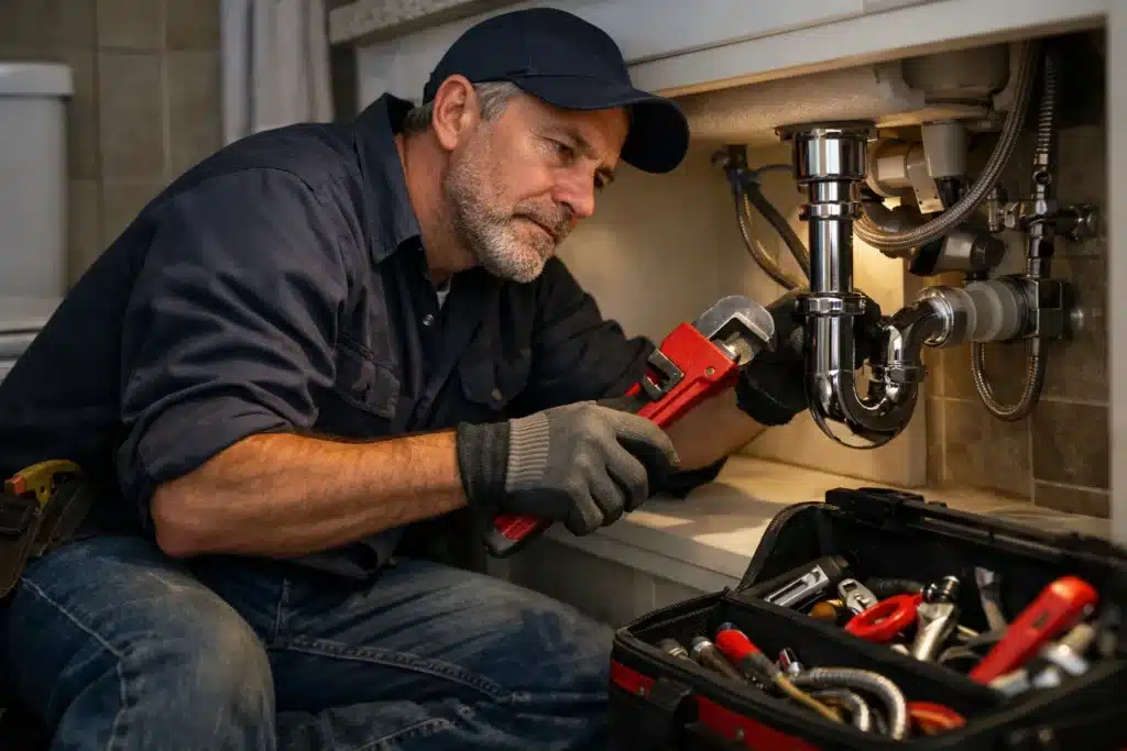 An experienced plumber wearing a blue cap and gloves using a large pipe wrench to repair a kitchen sink drain.