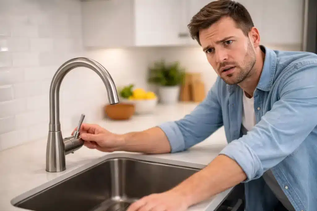 A concerned man testing a kitchen faucet with no water flowing out.