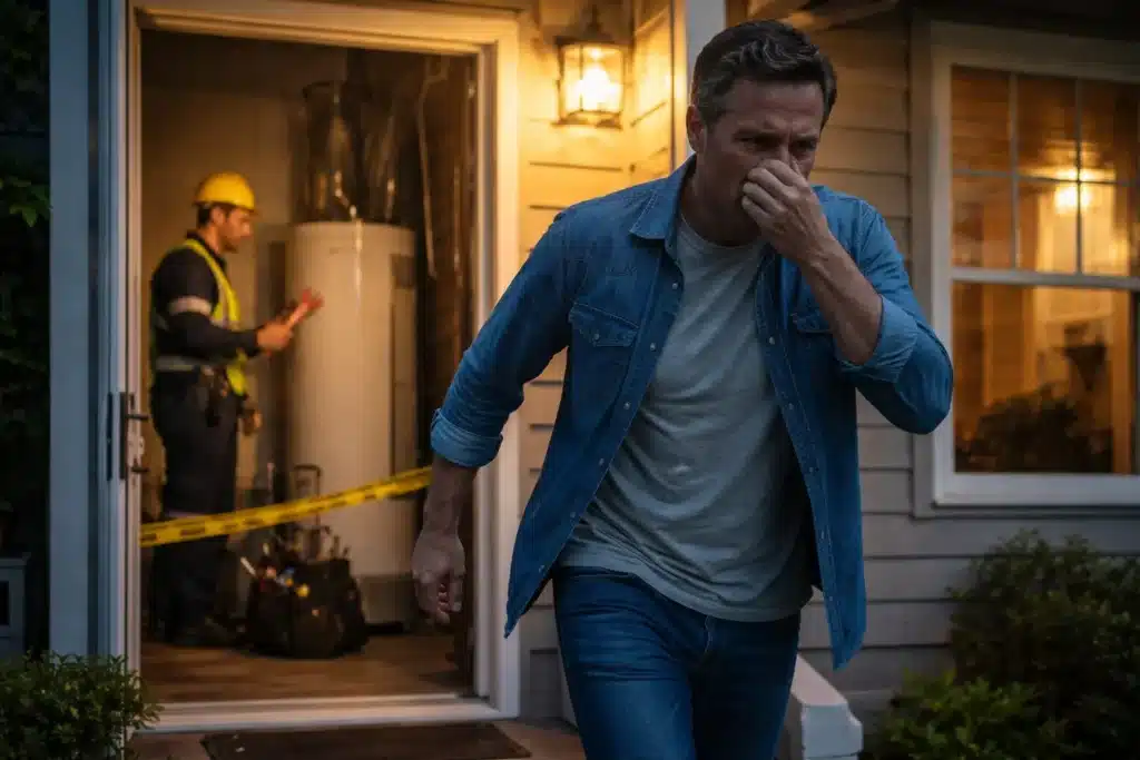 A man holding his nose and rushing out of a house while a technician works in the background.